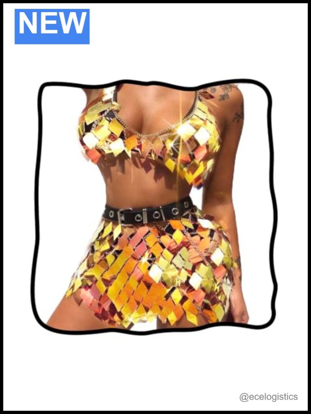 Sequin 2 Piece Vest & Skirt Set Body Chain Rave Outfit